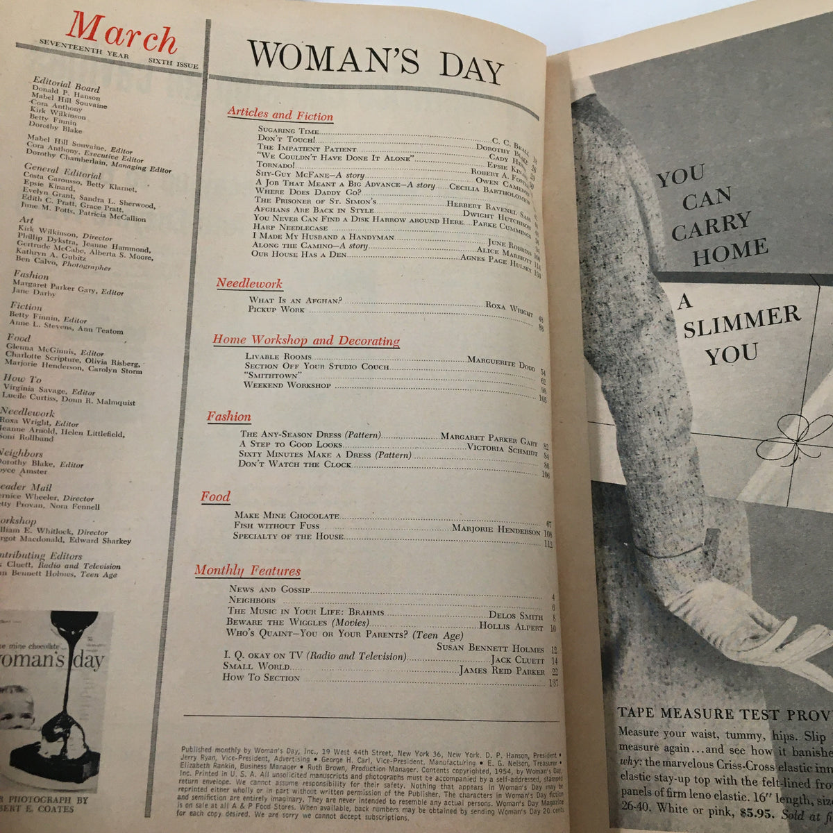 Interior page of VTG Woman's Day Magazine March 1954 showcasing the table of contents with articles, recipes, and features listed.
