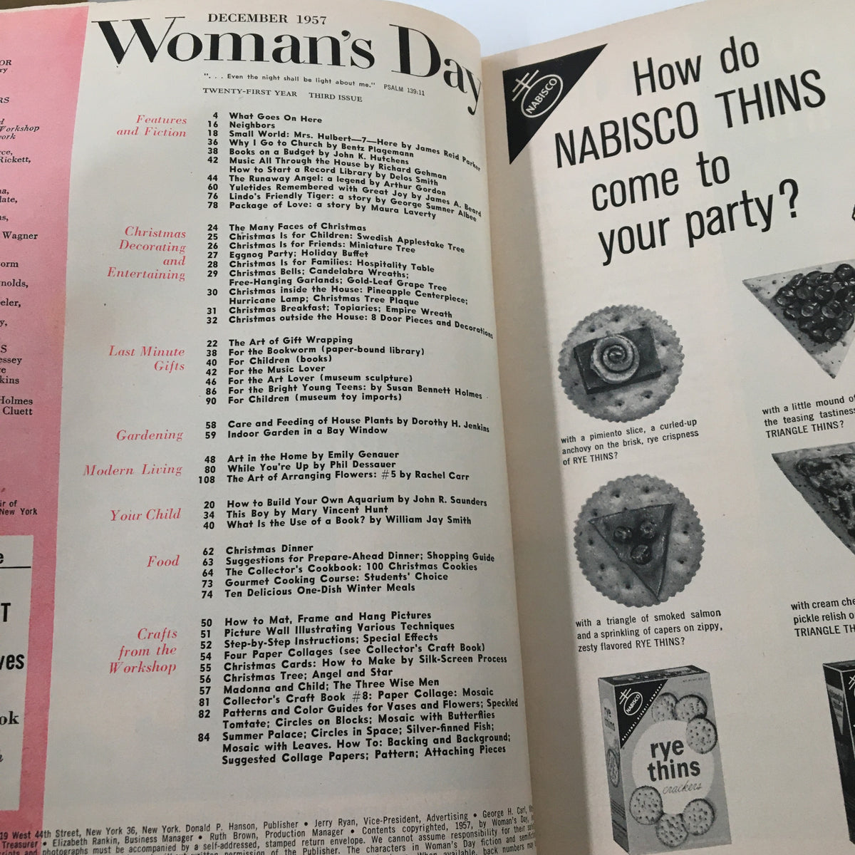 Inside page of the VTG Woman's Day Magazine from December 1957 featuring articles and features, including Christmas decorating tips, gardening advice, and food recipes.