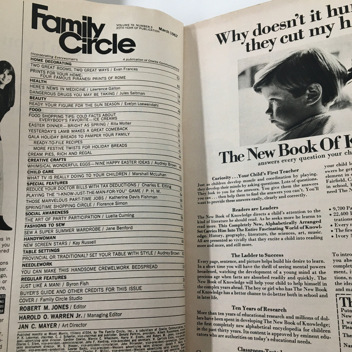 Interior page of VTG Woman's Day Magazine March 1967 displaying magazine contents and features, reflecting vintage aesthetic and 1960s culture.