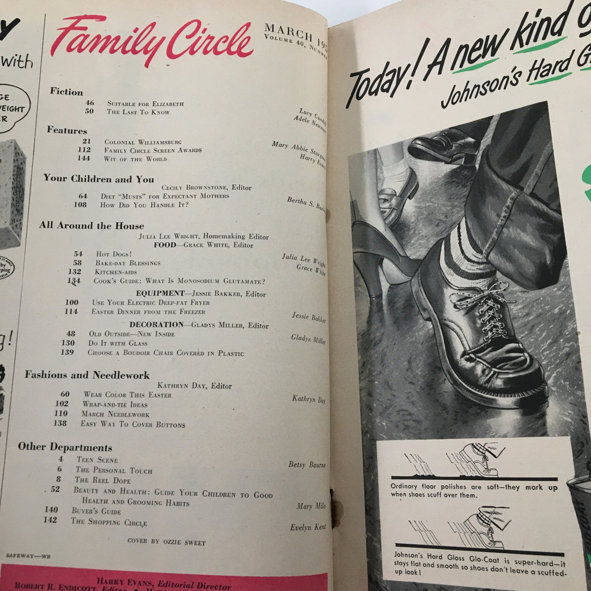 Interior page of VTG Family Circle Magazine March 1952 displaying the table of contents, highlighting various features including Easter recipes.