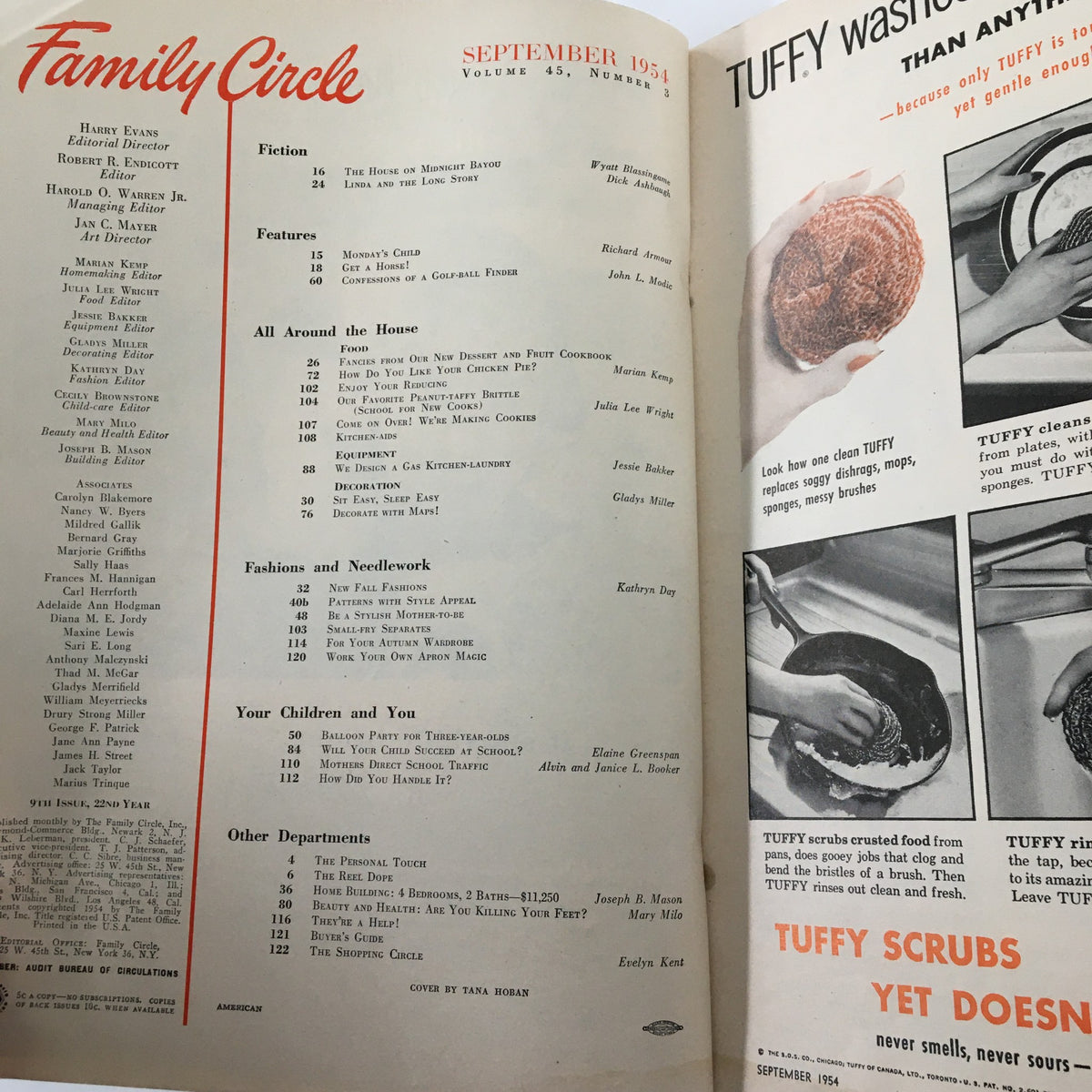 Inside page of VTG Family Circle Magazine September 1954 displaying the table of contents with various food and household articles, including the Dessert & Fruit Cookbook.