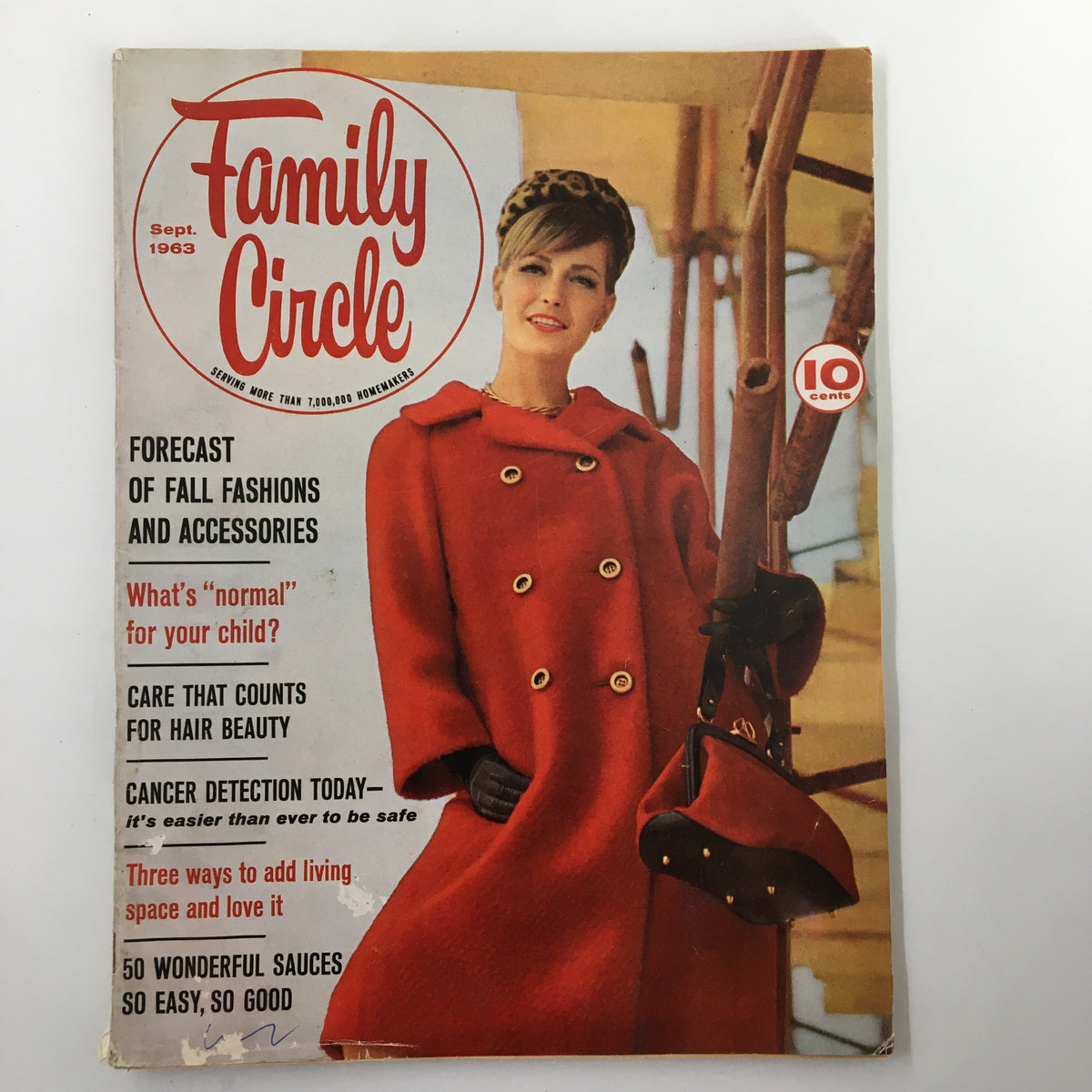 VTG Family Circle Magazine September 1963 cover featuring a woman in a red coat and a stylish handbag, showcasing the theme of cancer detection and fall fashion.