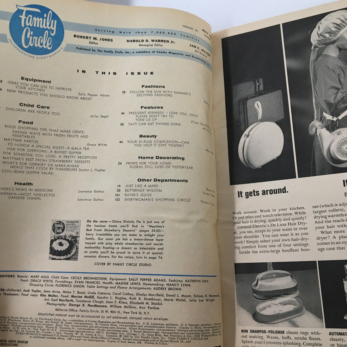 Inside page of VTG Family Circle Magazine May 1963, showcasing various articles including 'Fashions', 'Child Care', and 'Food', reflecting mid-century layout and content.