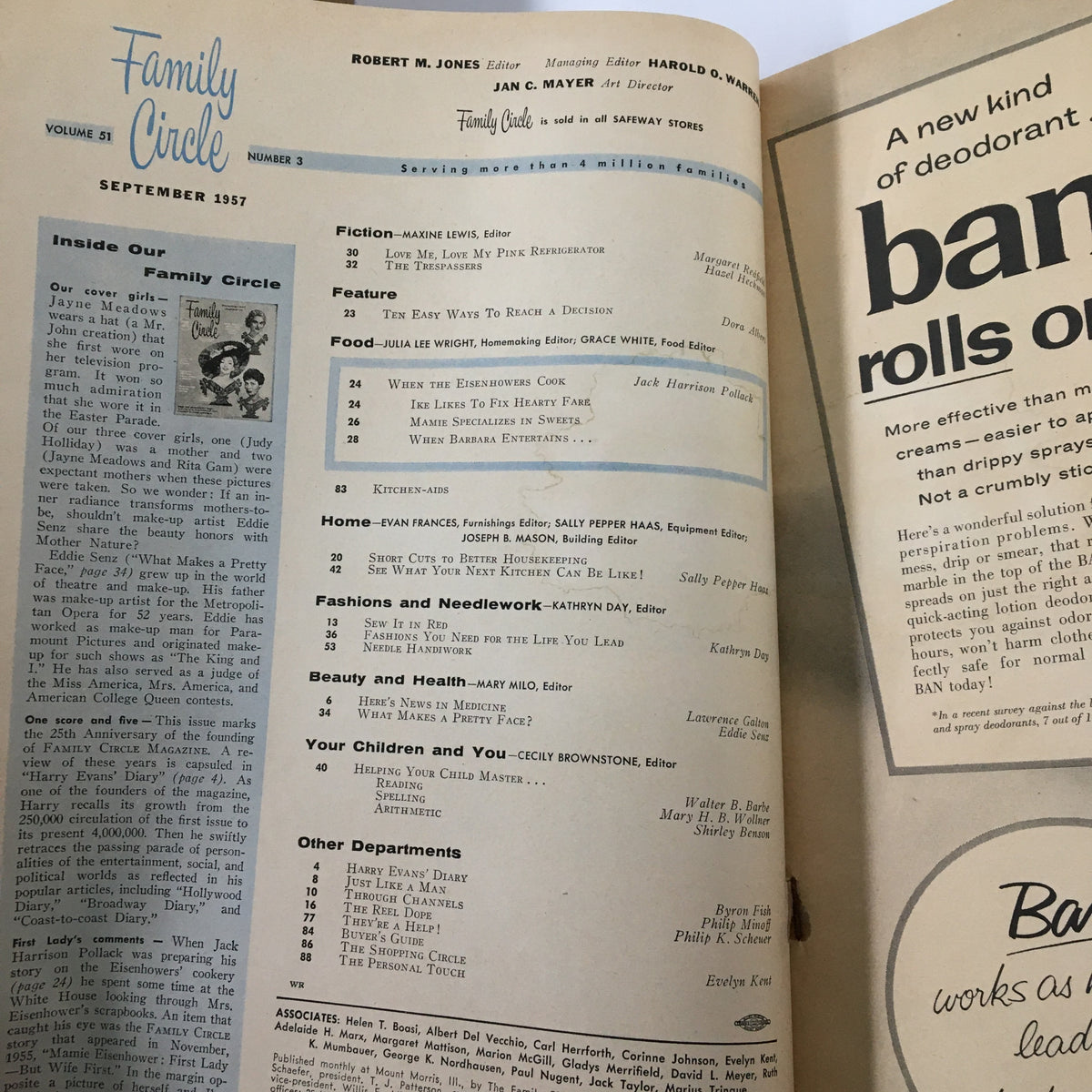Inside pages of the VTG Family Circle Magazine from September 1957, showcasing features on food, beauty, fashion, and family life. Highlights include articles on cooking and health, alongside editorial content reflecting the lifestyle of the 1950s.