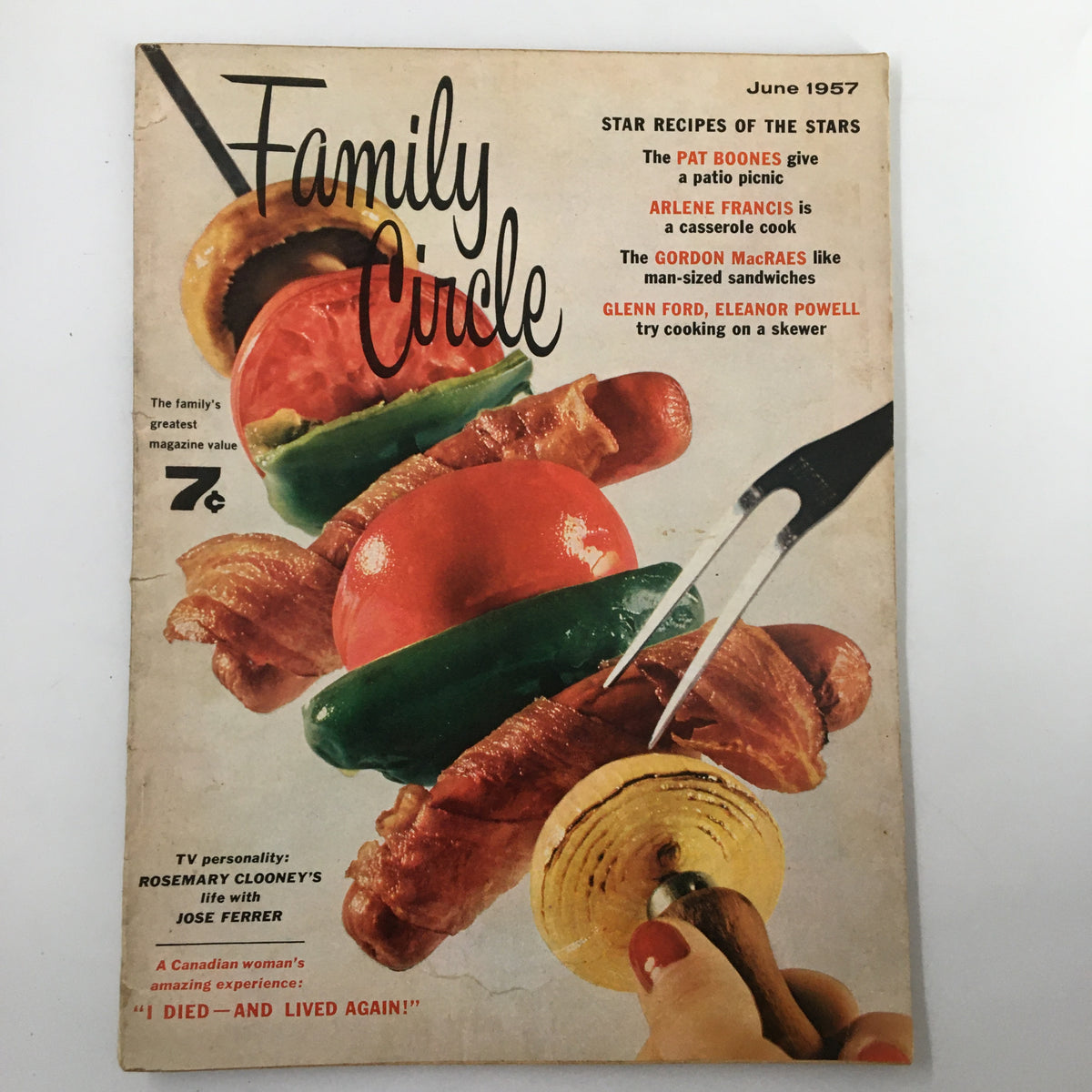 Cover of VTG Family Circle Magazine June 1957 featuring Glenn Ford and Eleanor Powell with colorful food items and recipes listed.