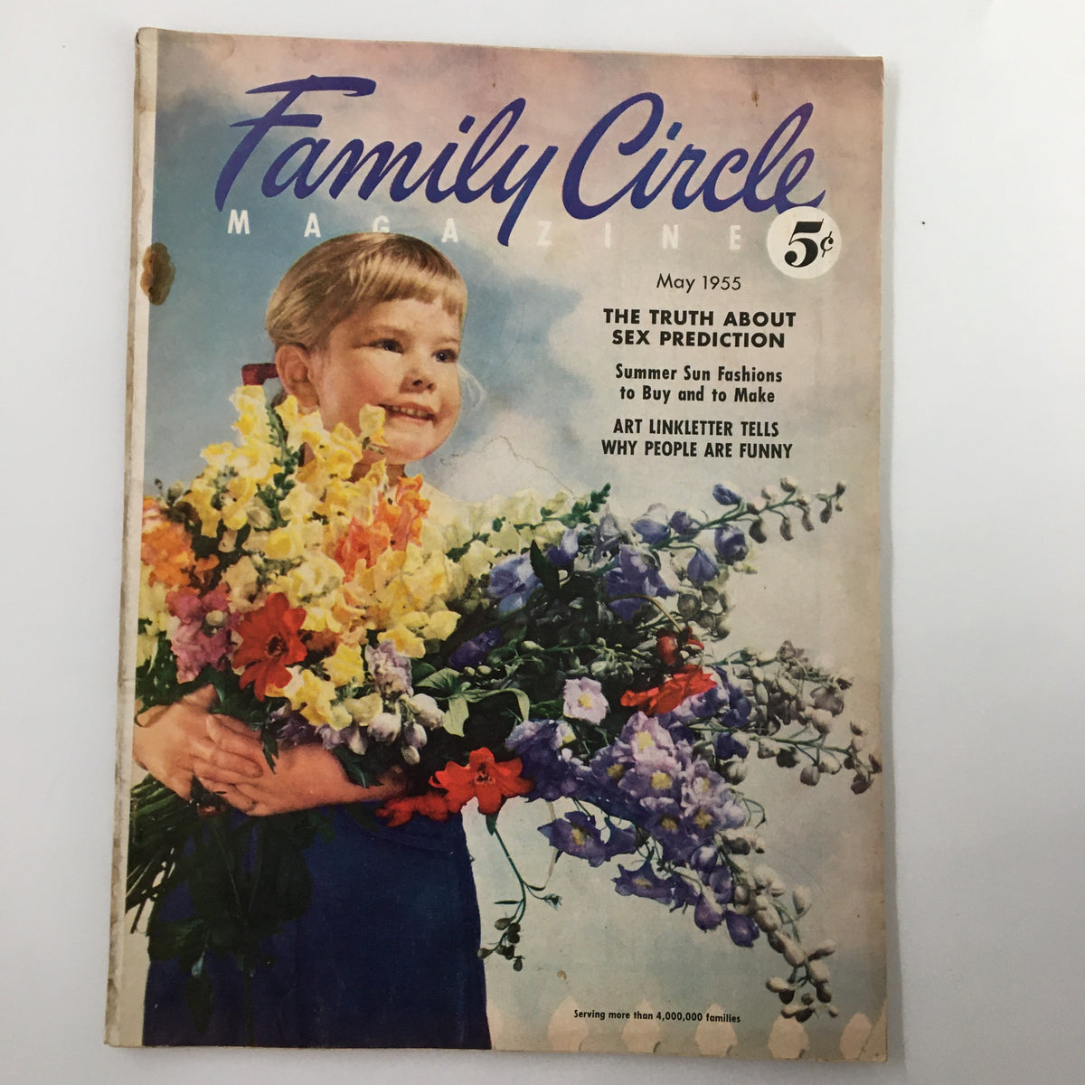 Cover of VTG Family Circle Magazine from May 1955 featuring a young girl holding colorful flowers, showcasing summer patterns and vintage themes.
