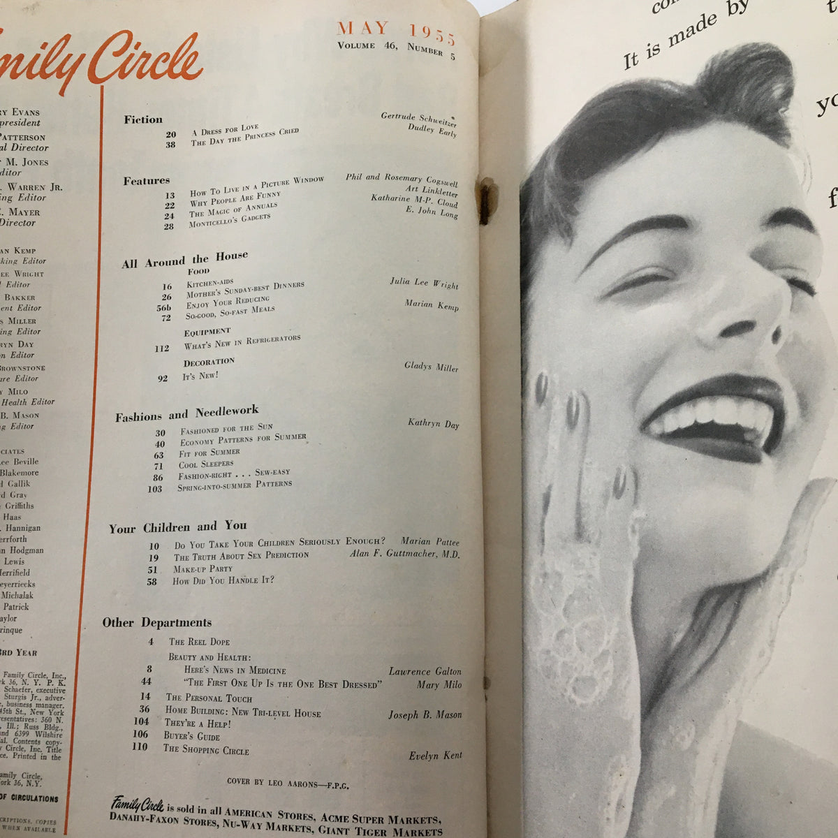 Interior page of VTG Family Circle Magazine May 1955 displaying the table of contents and a vintage advertisement, reflecting 1950s fashion and lifestyle.
