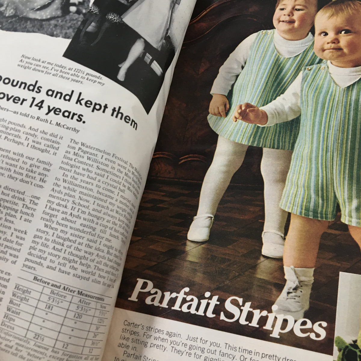 Interior page of VTG Family Circle Magazine September 1968 featuring children dressed in striped outfits and an article headline about 'Parfait Stripes.'