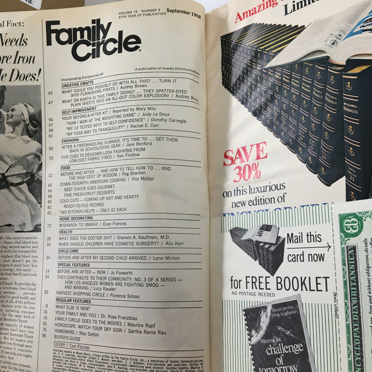 Table of contents page from VTG Family Circle Magazine September 1968, listing articles on various topics including fashion, health, and creative crafts.