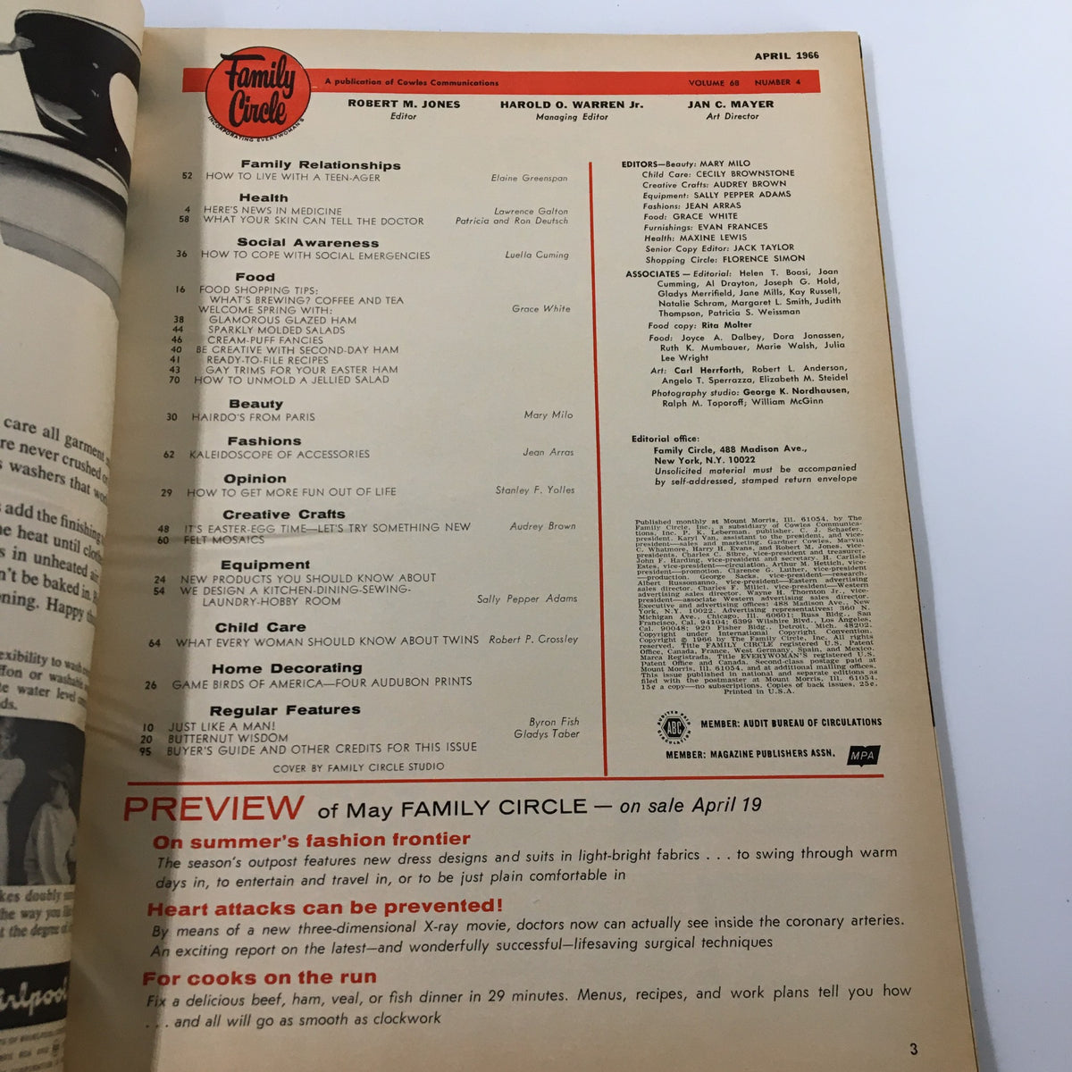 Interior page of VTG Family Circle Magazine from April 1966 showcasing the table of contents with articles focusing on family relationships, health, social awareness, and spring preparations.