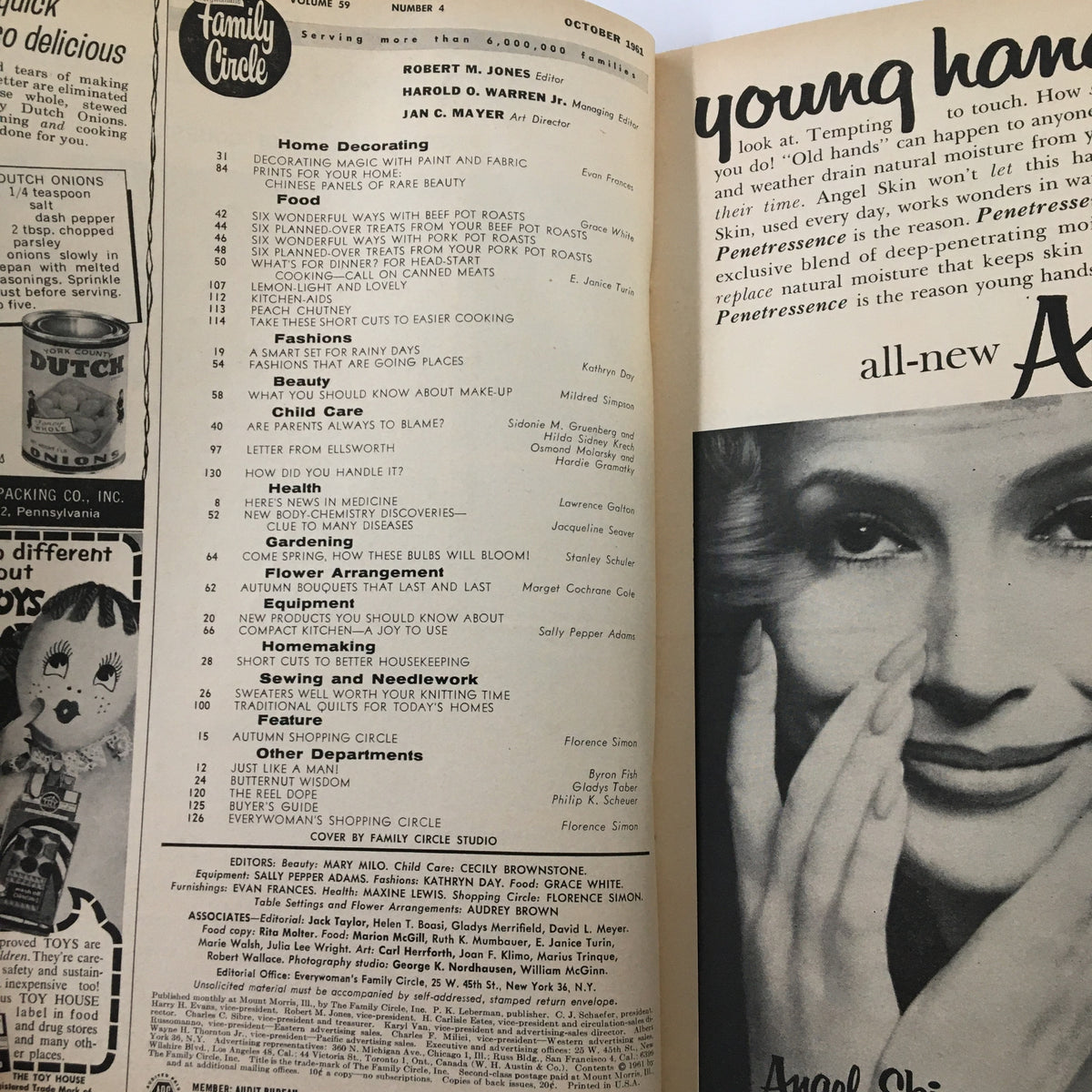 Interior page of the Family Circle Magazine, October 1961, listing articles and topics such as home decorating and beauty, reflecting vintage 1960s magazine style.