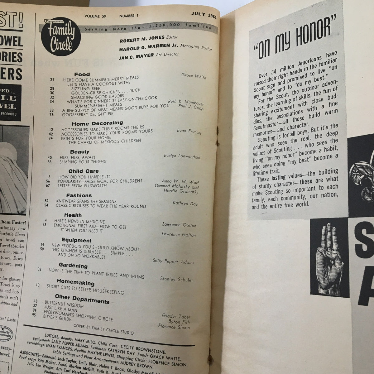 Interior page of VTG Family Circle Magazine July 1961, showcasing the table of contents with various articles including summer meal plans, home decorating tips, and health advice.