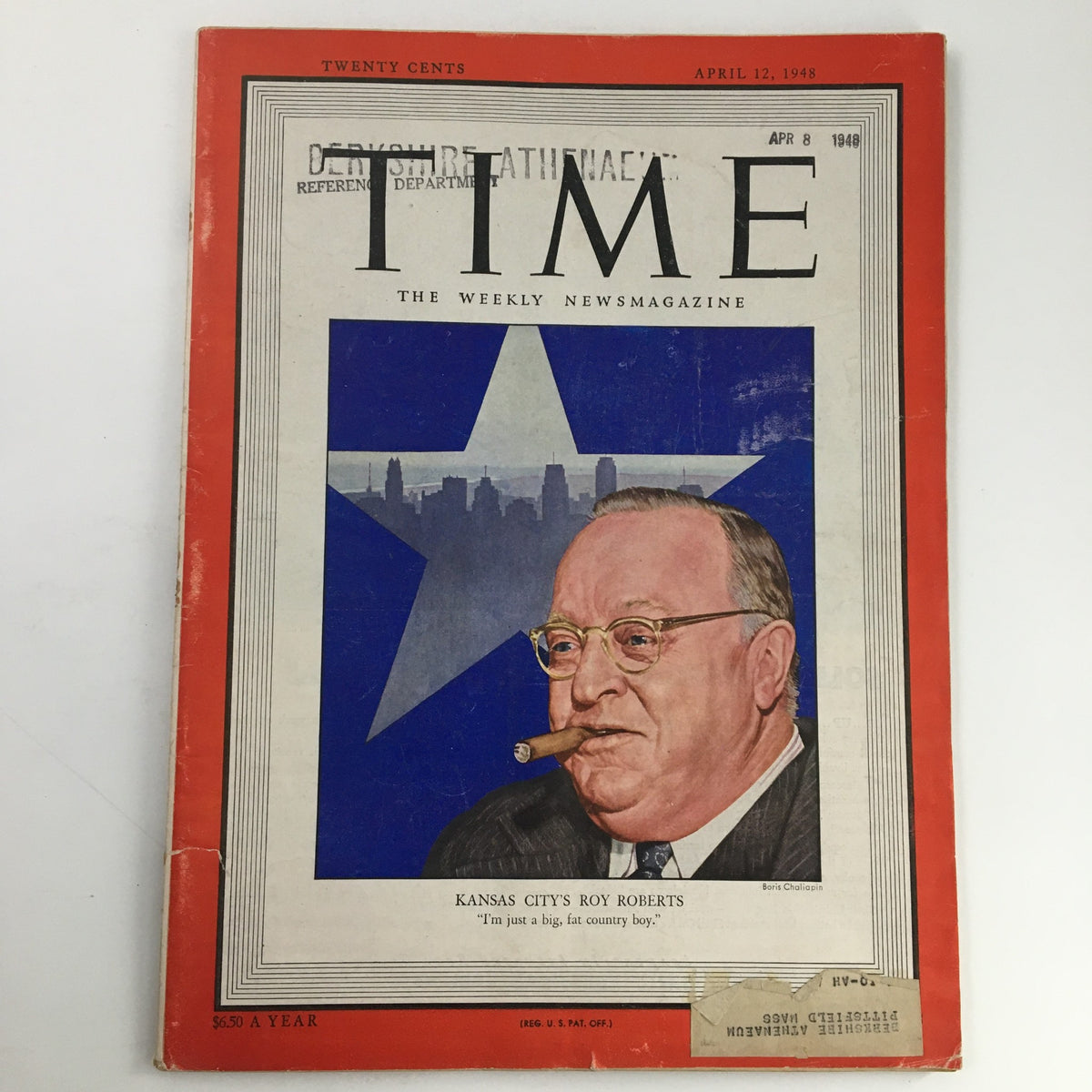 Cover of Time Magazine April 12, 1948, Vol 51 #15 featuring Roy A. Roberts, with a portrait illustration against a blue star backdrop, highlighting significant historical and journalistic contexts from the late 1940s.