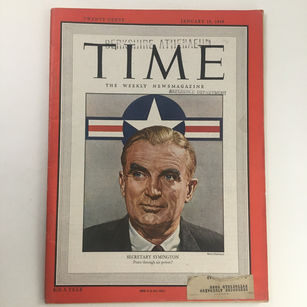 Cover of Time Magazine, January 19, 1948, Vol 51 #3 featuring Former U.S. Senator Stuart Symington, illustrating post-war American politics.