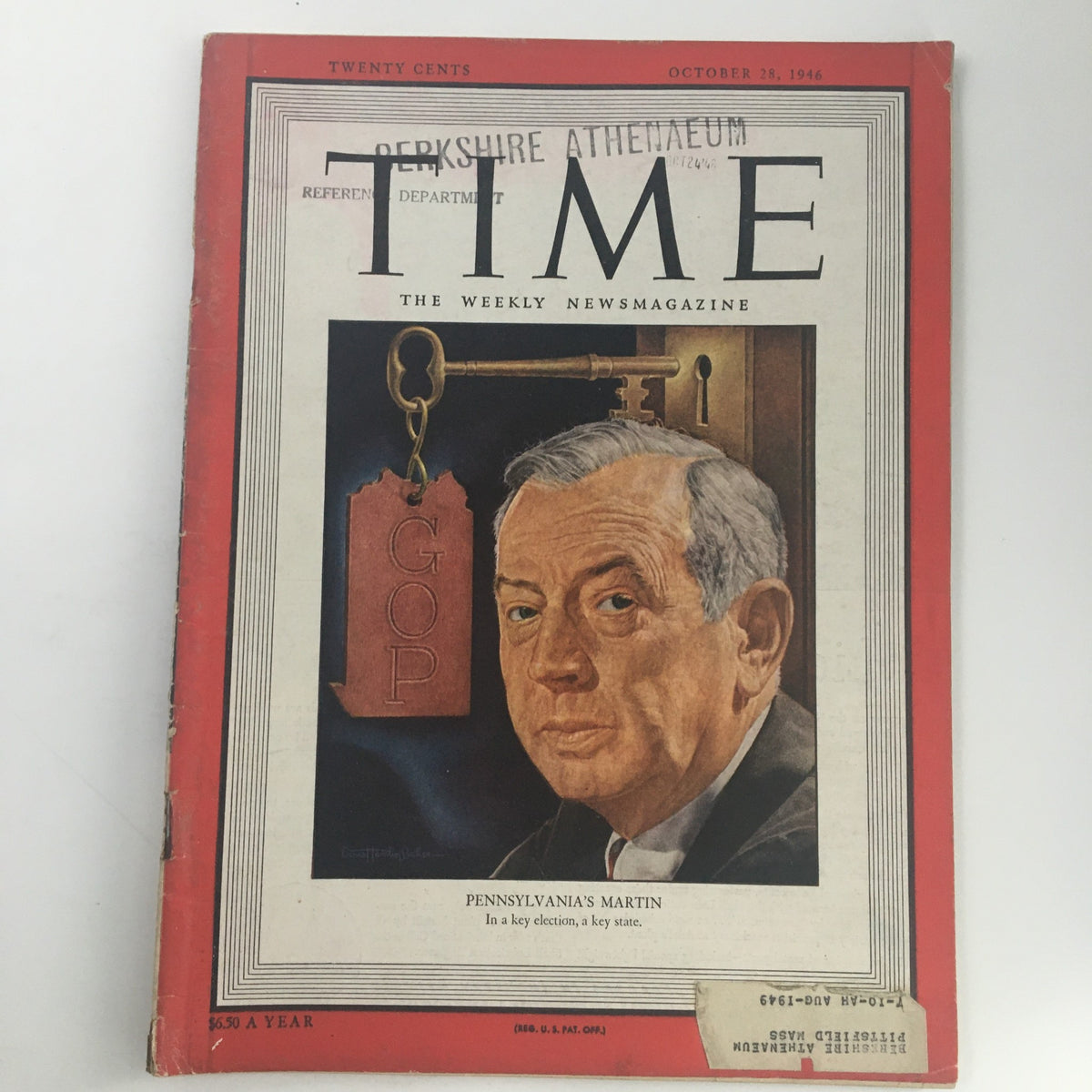 Time Magazine cover from October 28, 1946, featuring Former Governor Edward Martin of Pennsylvania. The cover showcases a portrait of Martin with a 'GOP' tag, highlighting his importance in the political landscape of the time.