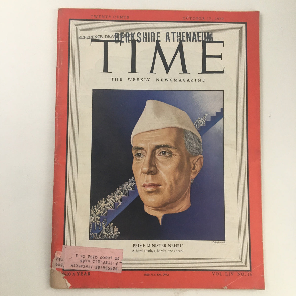 Time Magazine October 17 1949 Vol 54 #16 featuring a cover image of former Prime Minister Jawaharlal Nehru, depicting his portrait and a symbolic representation of a challenging journey ahead.