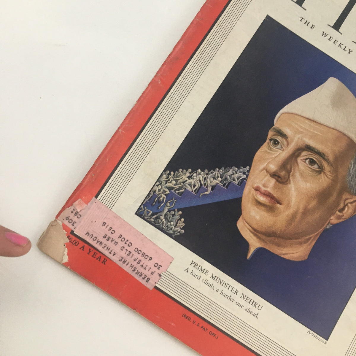 Cover of Time Magazine from October 17, 1949, Volume 54, Issue 16, featuring a portrait of former Prime Minister Jawaharlal Nehru, depicting his influential role in India's history.