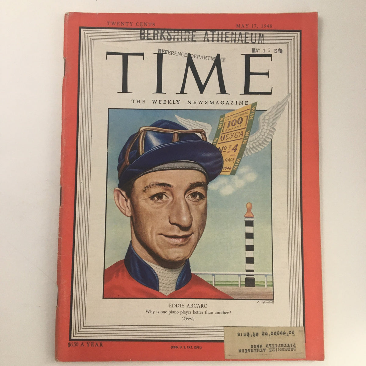 Time Magazine cover from May 17, 1948, featuring Eddie Arcaro, a renowned jockey in American horse racing, with a colorful illustration and vintage design.