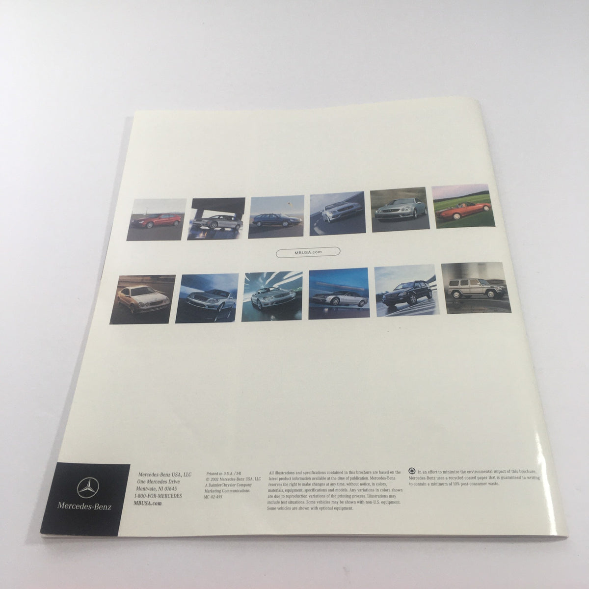 Back cover of the 2003 Mercedes-Benz C-Class, SLK-Class Dealership Car Auto Brochure Catalog with various Mercedes-Benz vehicle images.