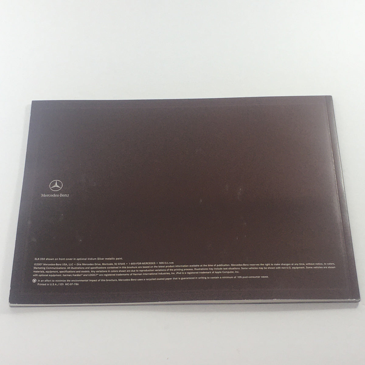 Back cover of the 2008 Mercedes-Benz SLK-Class 280-350-55-AMG dealership car brochure, featuring the Mercedes-Benz logo and publication information.