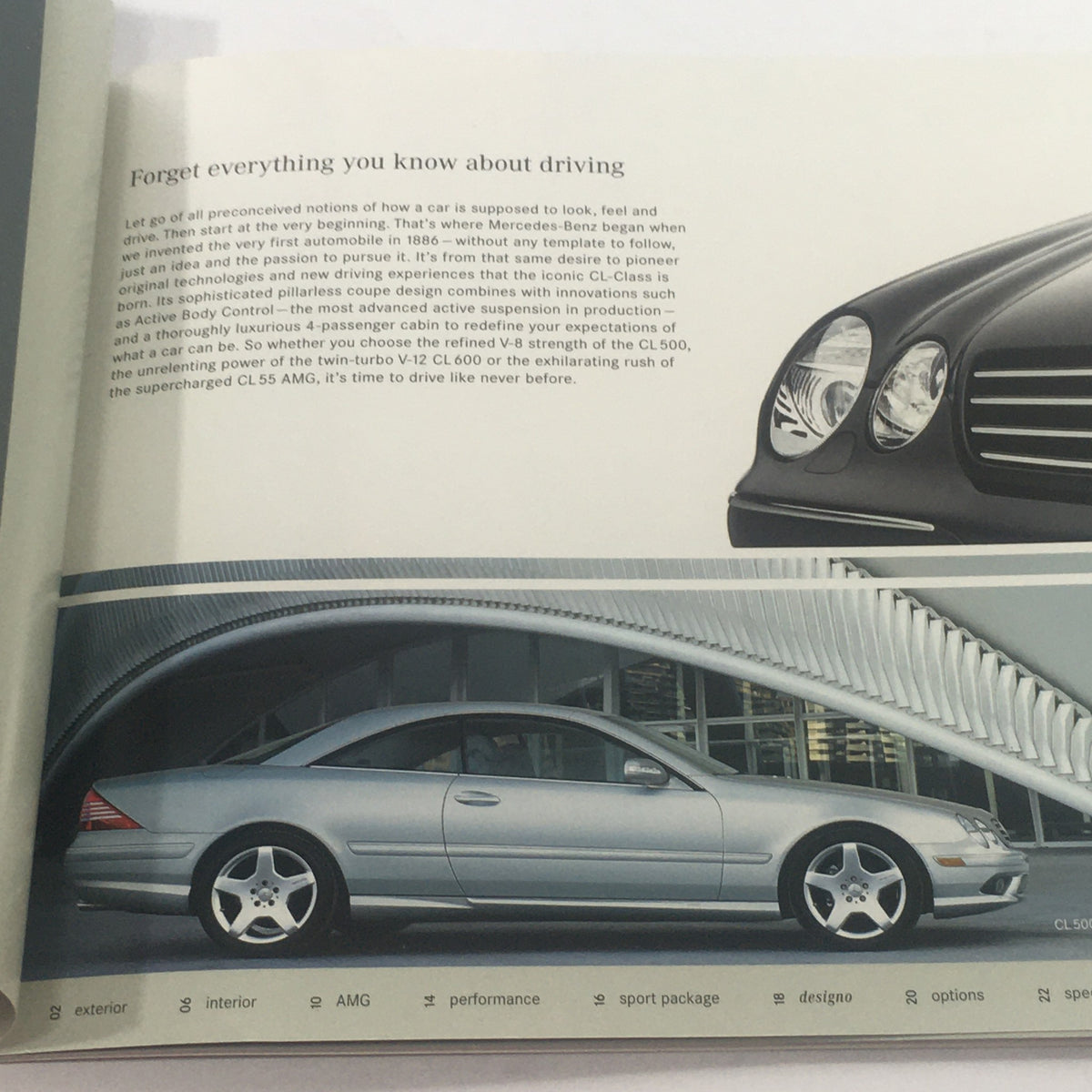 Interior page of the 2005 Mercedes-Benz CL-Class 500-55-AMG-600 brochure discussing driving experiences, including a side view of the vehicle.