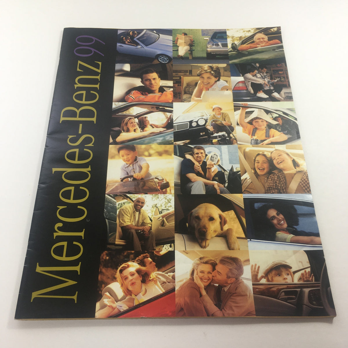 1999 Mercedes-Benz E-Class dealership car auto brochure catalog showcasing various lifestyle images of families and individuals interacting with Mercedes-Benz vehicles, highlighting the luxury and appeal of the brand.