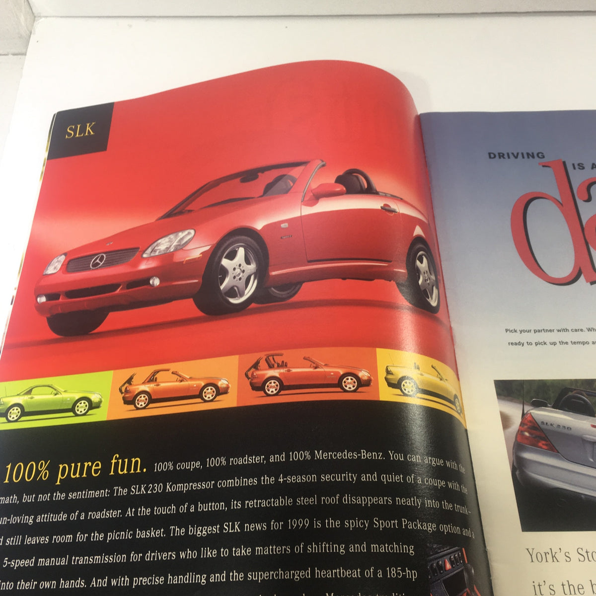 1999 Mercedes-Benz E-Class Dealership Car Auto Brochure Catalog featuring the Mercedes-Benz SLK with a vibrant red background highlighting its sporty design.