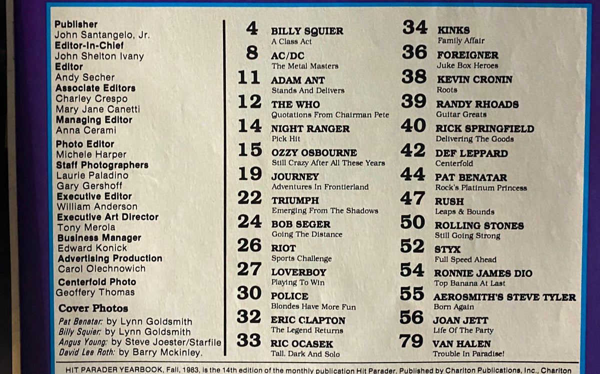 Table of contents page from Hit Parader Yearbook Fall 1983 listing articles and featured artists including Billy Squier, AC/DC, and Ozzy Osbourne.