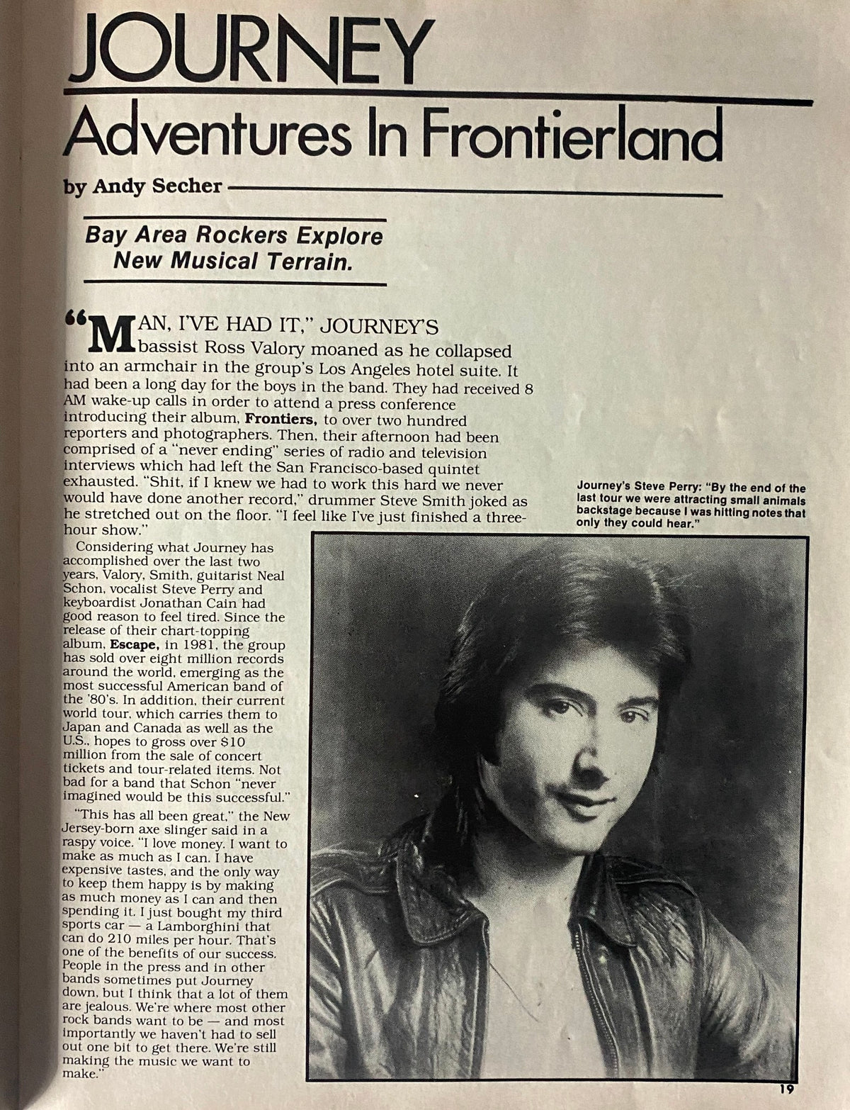 Feature article page from Hit Parader Yearbook Fall 1983, highlighting Journey's new musical terrain with a photo of bassist Ross Valory.