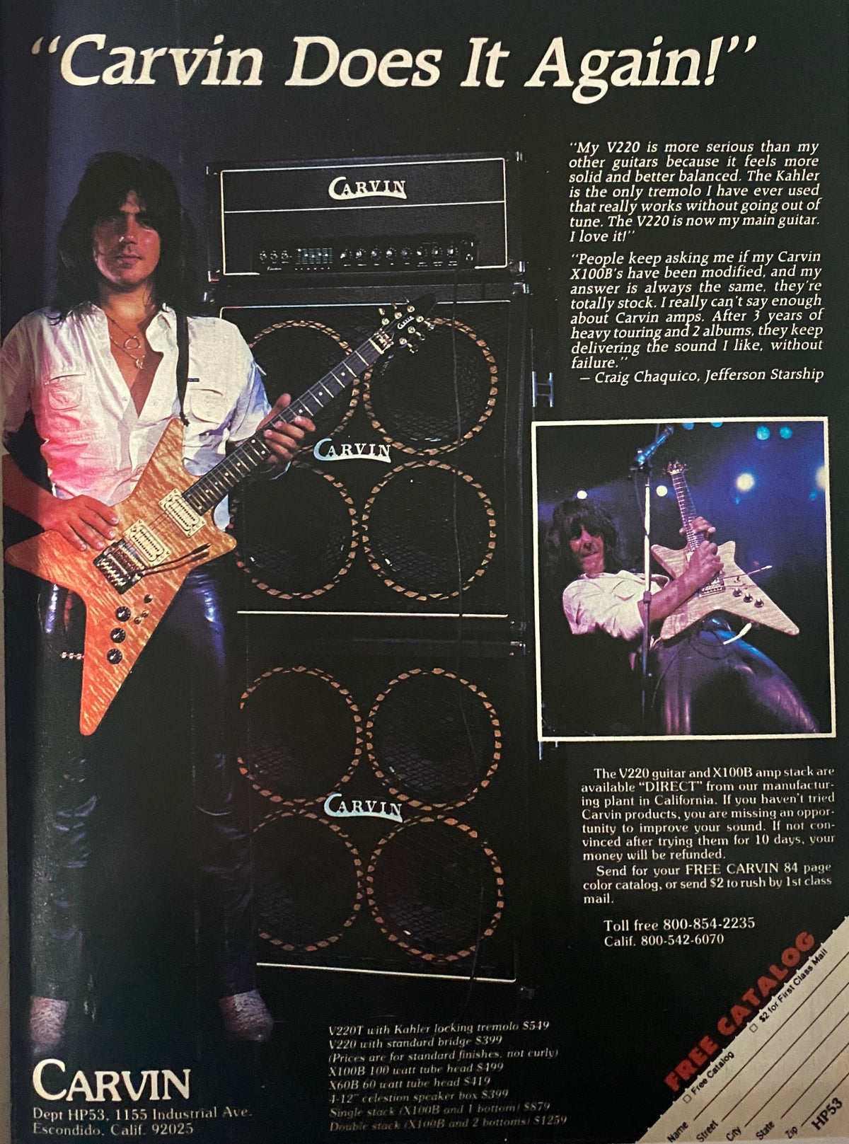 Carvin advertisement featuring a guitarist with a Carvin guitar and amplifiers, highlighting the brand's quality and testimonials including Craig Chaquico from Jefferson Starship, showcasing vintage music culture.