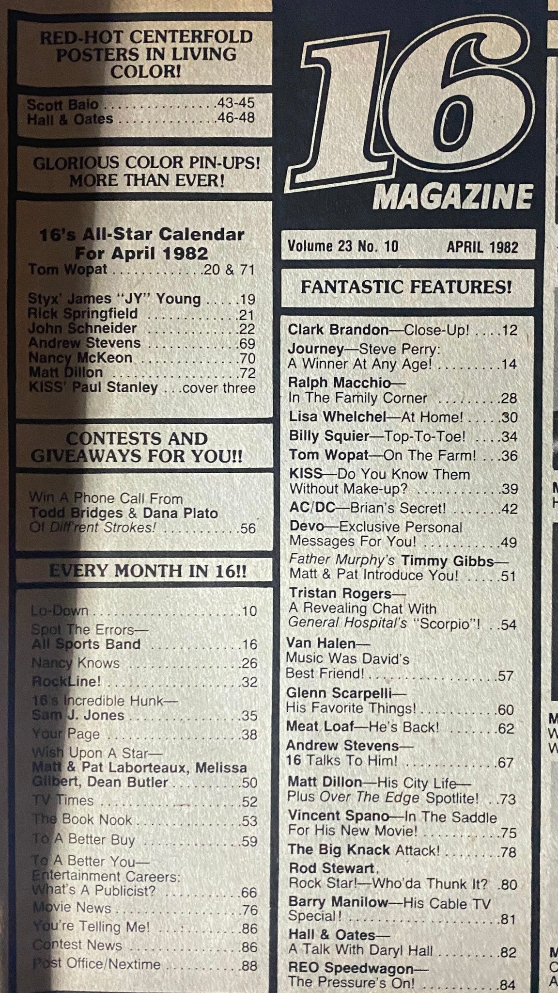 Table of contents from 16 Magazine April 1982 featuring articles and celebrities like Scott Baio and Rick Springfield.