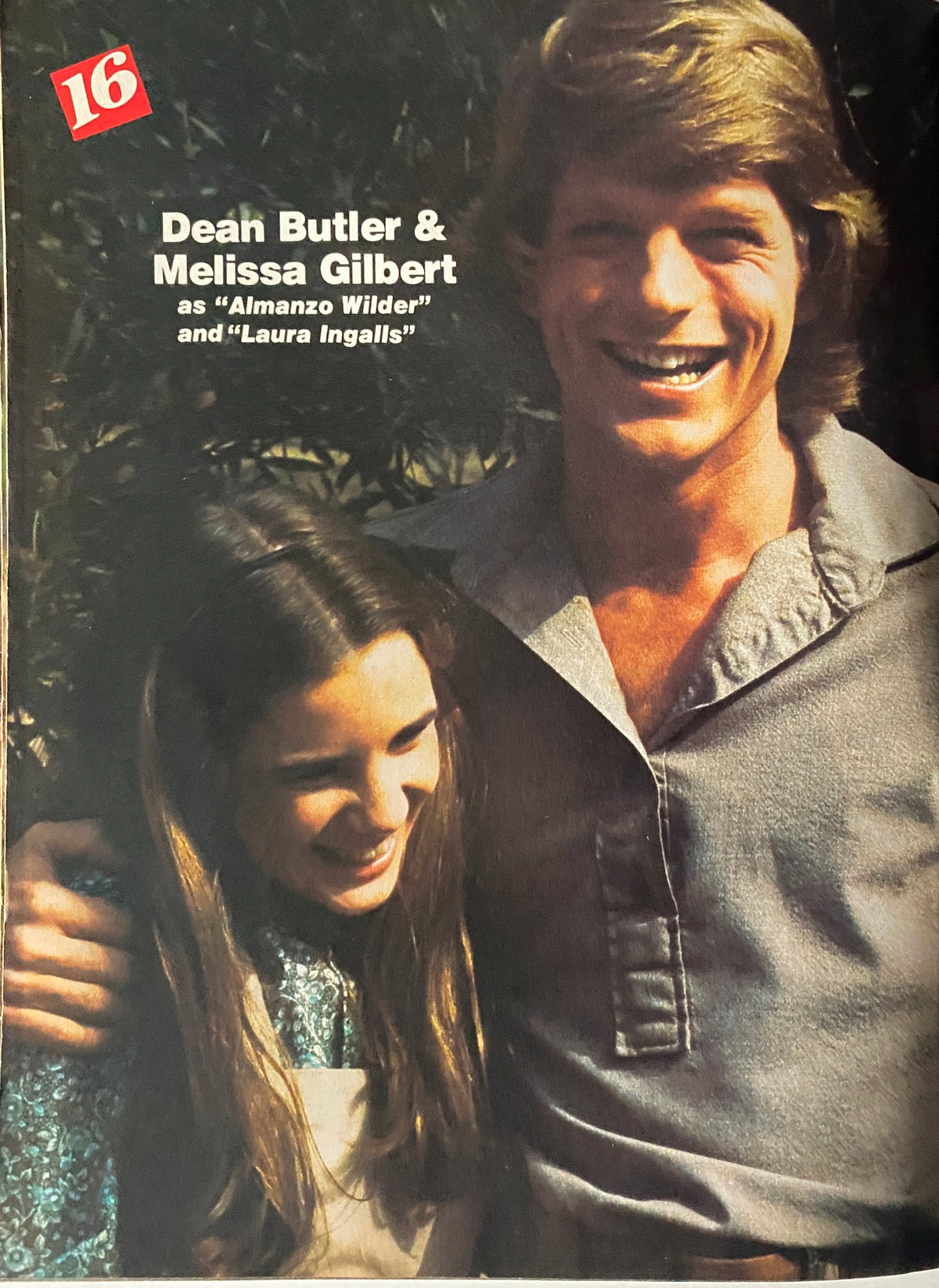 Dean Butler and Melissa Gilbert featured in 16 Magazine, portraying their characters from 'Little House on the Prairie' with cheerful expressions.