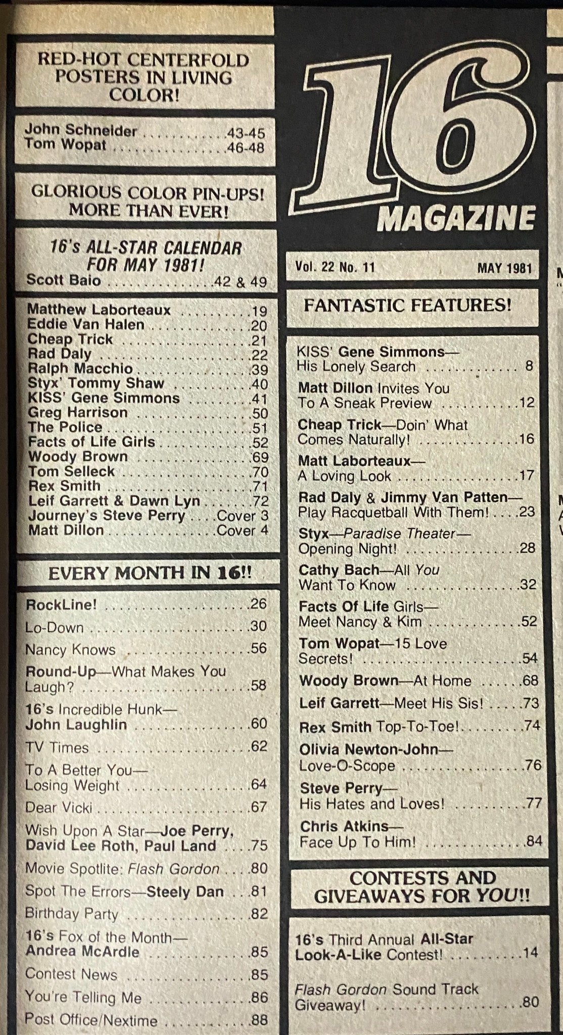 16 Magazine May 1981 Table of Contents showcasing celebrity interviews and features with John Schneider, Scott Baio, and Gene Simmons.