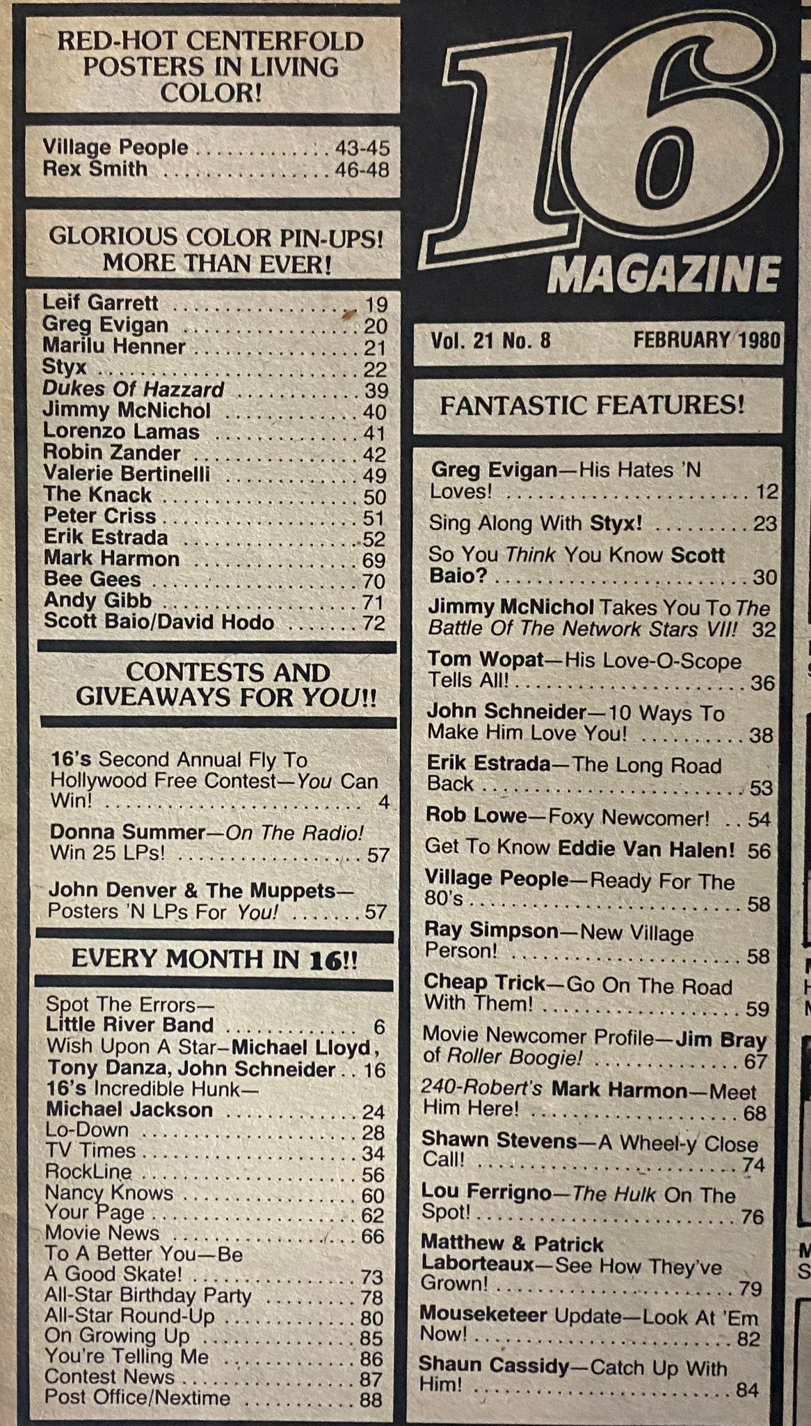 February 1980 - 16 Magazine Table of Contents featuring Leif Garrett, Paul Stanley, and other celebrity highlights from the era.