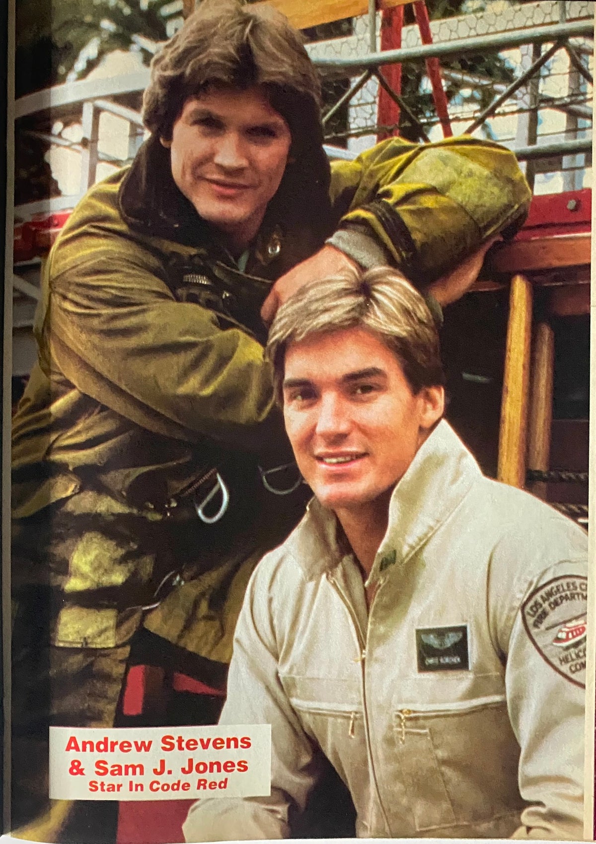 Image of Andrew Stevens and Sam J. Jones featured in 16 Magazine February 1982, highlighting their roles in Code Red.