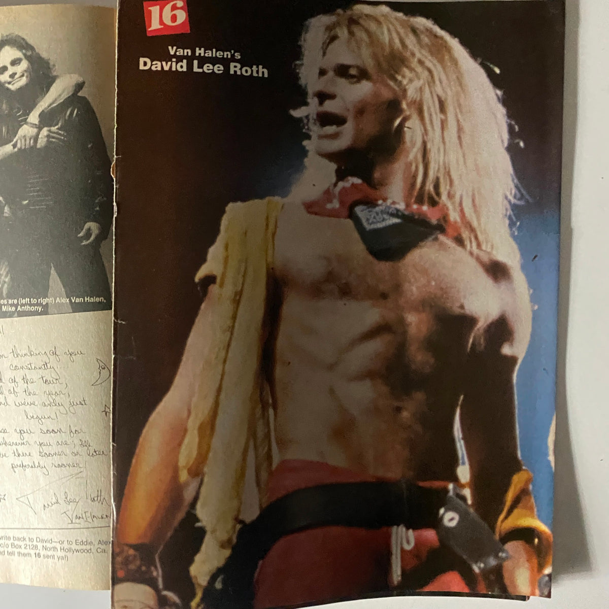 16 Magazine February 1982 cover featuring David Lee Roth of Van Halen in a performance pose, showcasing his iconic long blonde hair and energetic style
