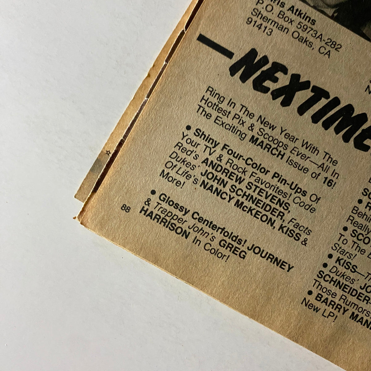 Back cover detail of 16 Magazine February 1982 featuring a preview of upcoming content including Andrew Stevens, John Schneider, Nancy McKeon, and a glossy centerfold of Journey. Perfect for collectors of vintage magazines.