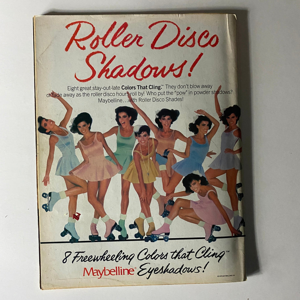 16 Magazine June 1980 advertisement for Maybelline's Roller Disco Shadows, featuring a group of women in colorful outfits on roller skates.