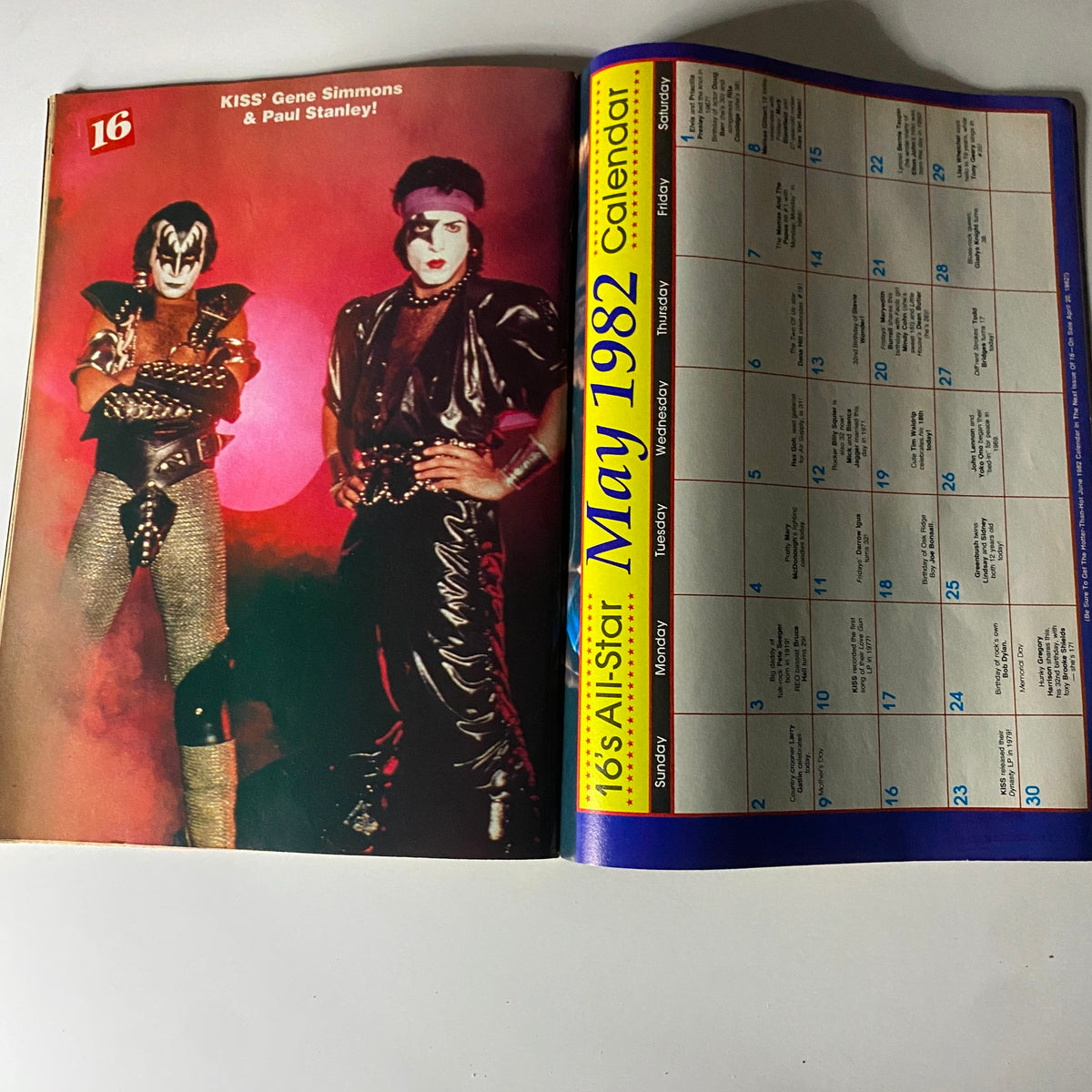 Inside pages of 16 Magazine May 1982 with KISS band members Gene Simmons and Paul Stanley featured alongside the calendar.