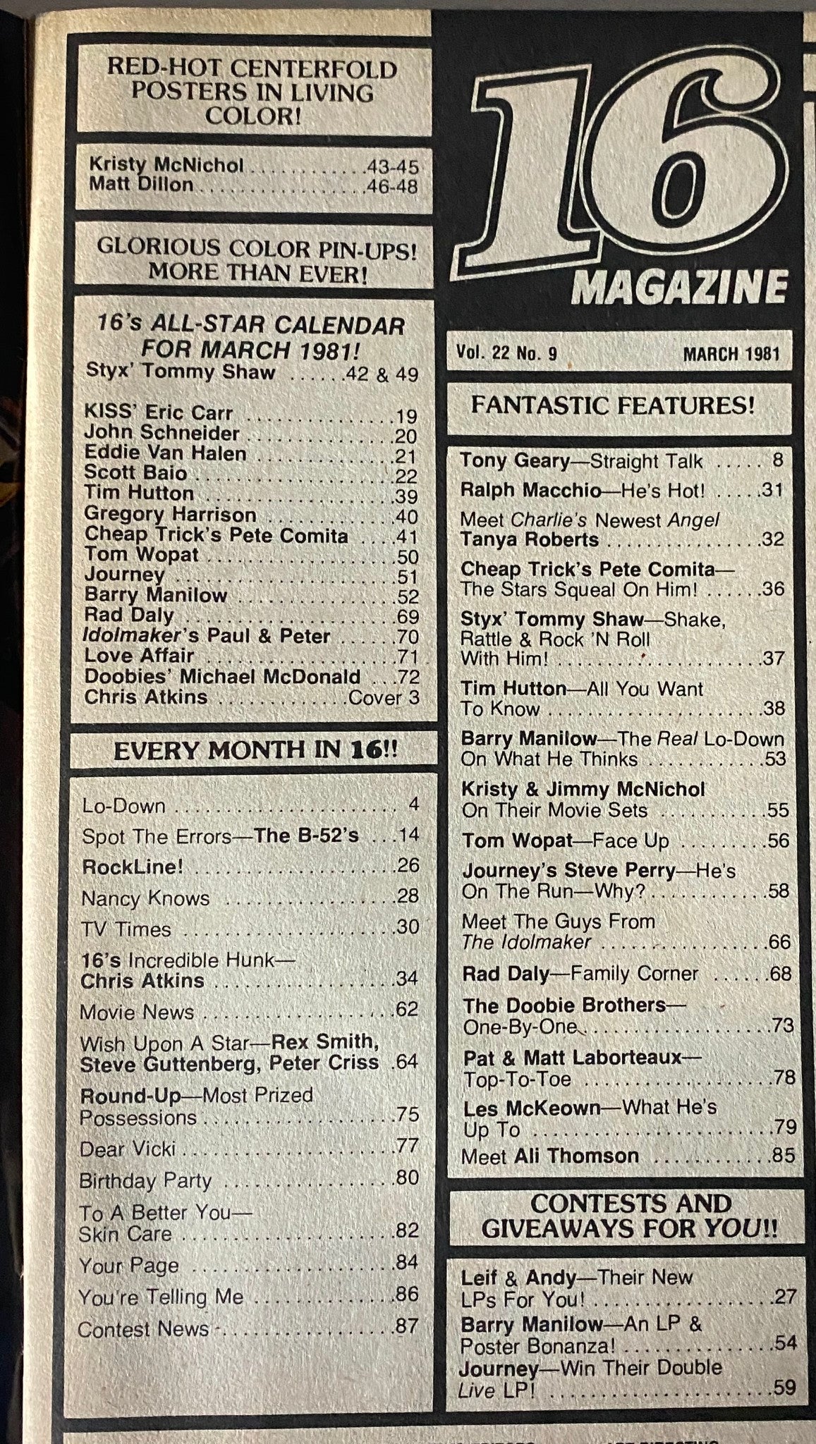 Inside page of 16 Magazine March 1981, listing features including centerfold posters, celebrity articles, and monthly highlights from the 1980s pop culture.