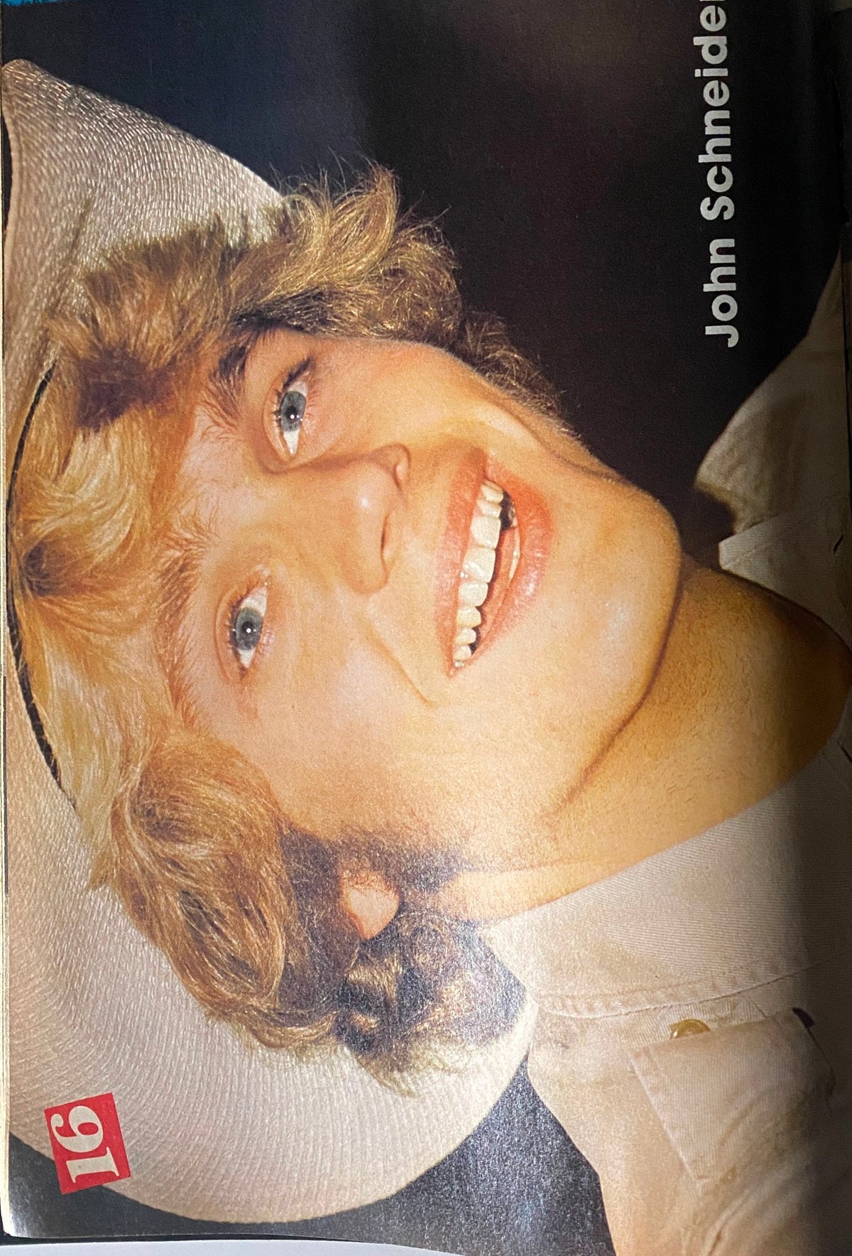 Portrait of John Schneider featured in 16 Magazine March 1981, showcasing his iconic look and charisma, a reflection of 1980s teen idol culture.