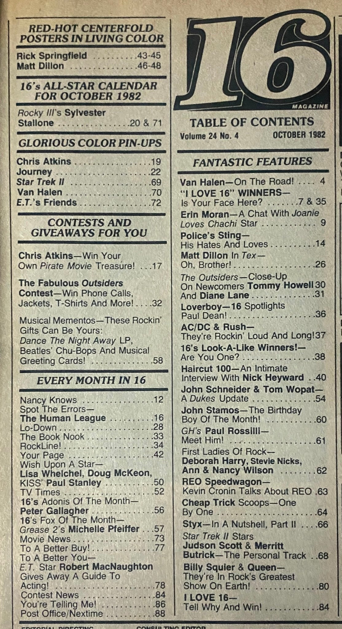 Table of contents from 16 Magazine October 1982, listing features, contests, and celebrity pin-ups, including Rick Springfield and Matt Dillon.