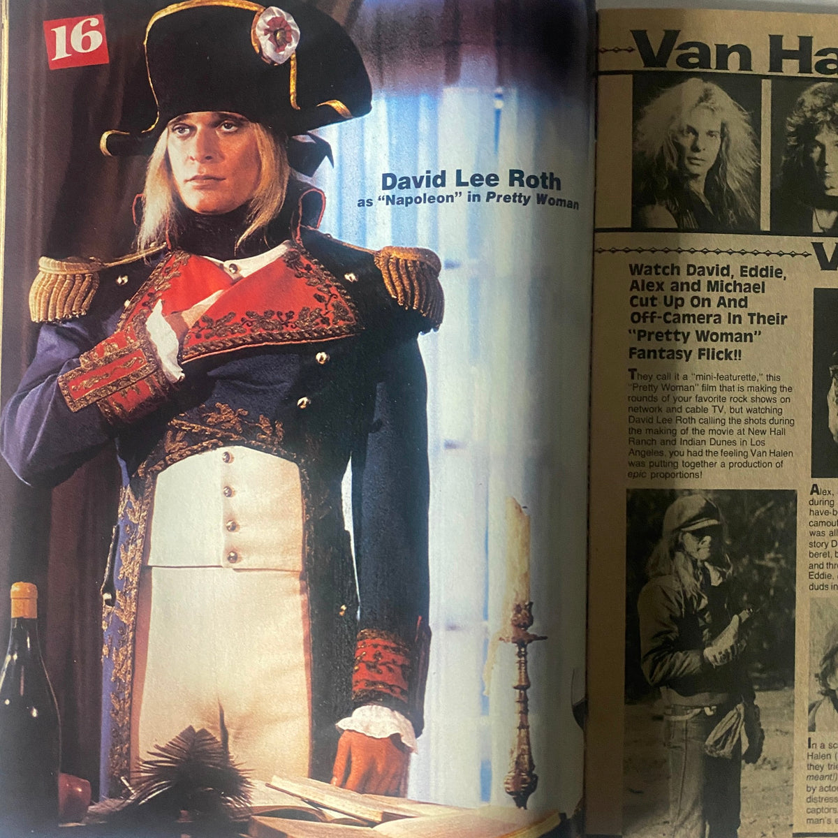 Image of David Lee Roth dressed as Napoleon from the July 1982 issue of 16 Magazine, highlighting the film 'Pretty Woman'.