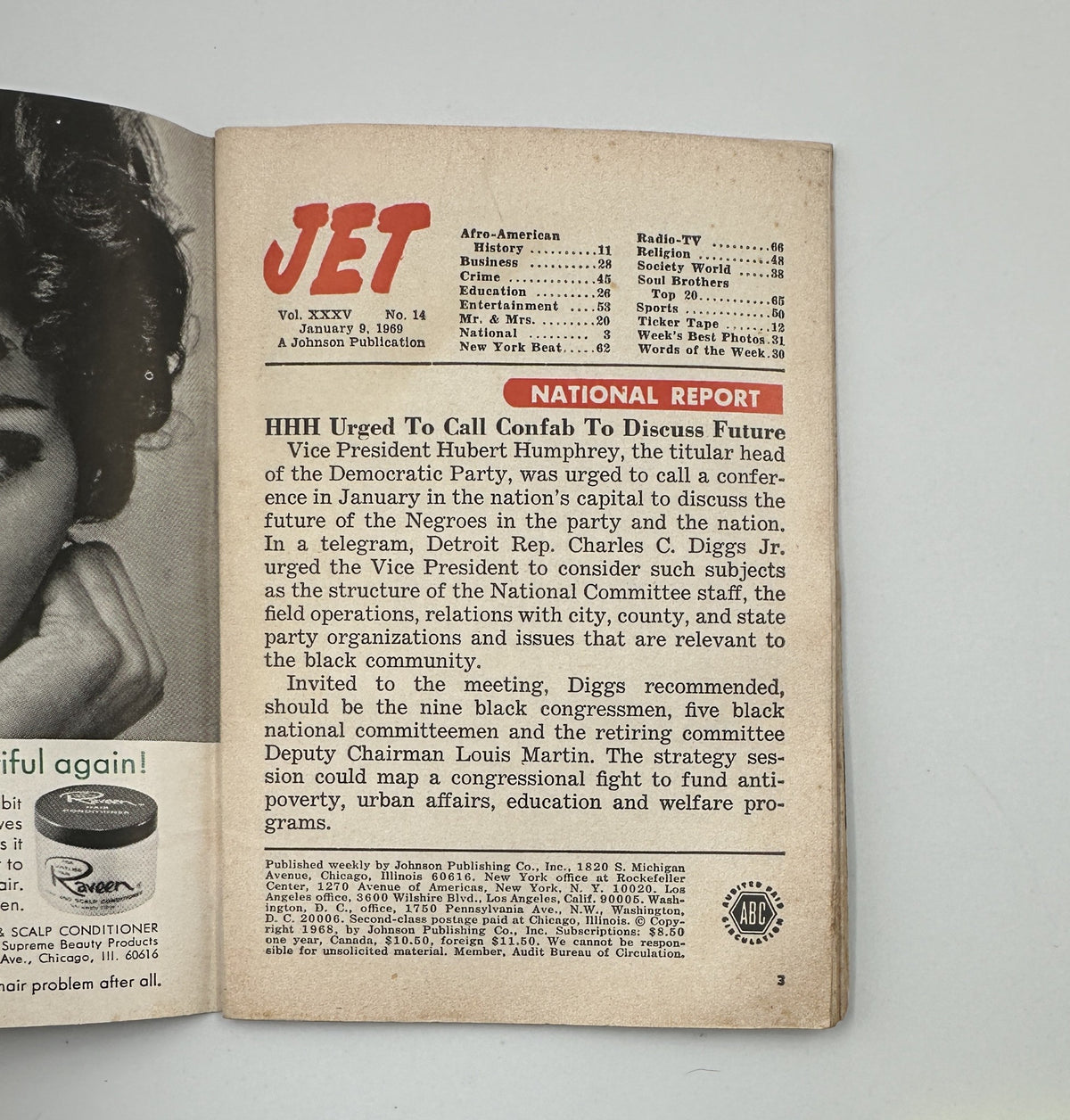 Interior page of Jet Magazine January 9, 1969, featuring the National Report section discussing the Vice President and issues relevant to the Democratic Party, along with various article topics like Afro-American History and Education.