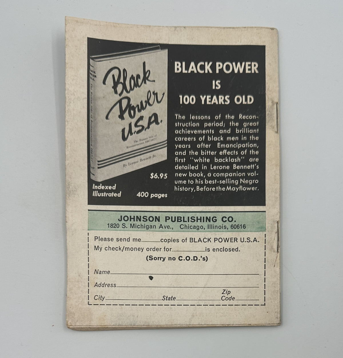 Back cover of Jet Magazine January 9, 1969, promoting the book 'Black Power U.S.A.' by Lerone Bennett, highlighting its significance and the lessons from African American history.