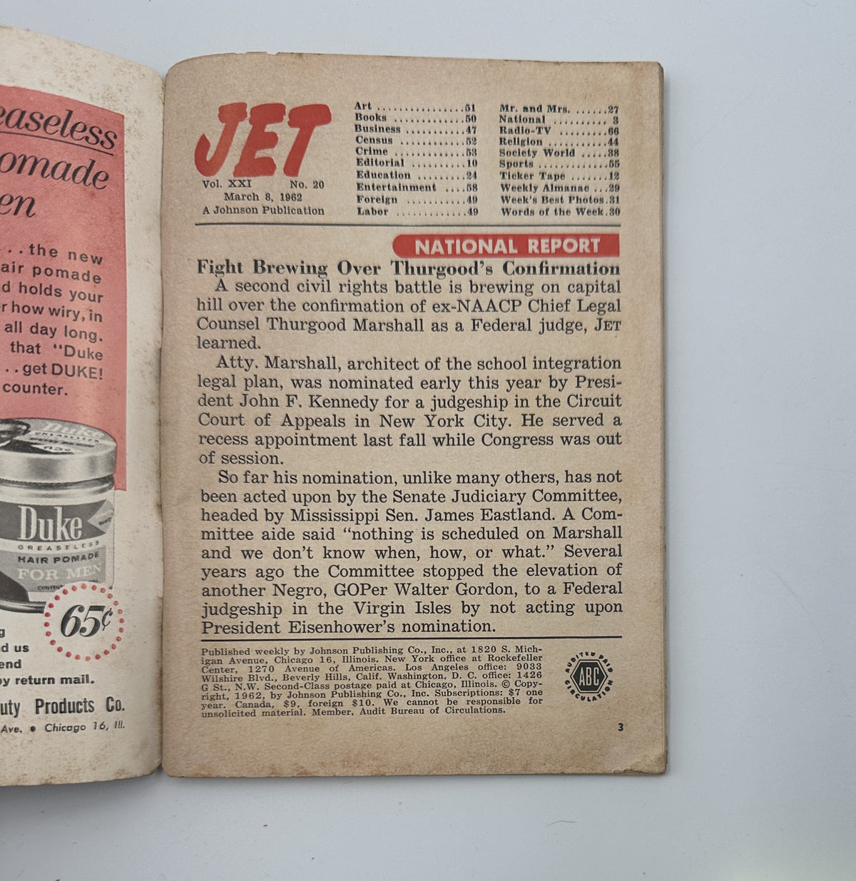 Jet Magazine March 8, 1962 featuring a National Report section focusing on the confirmation of an African American Chief Legal Counsel, highlighting civil rights themes.