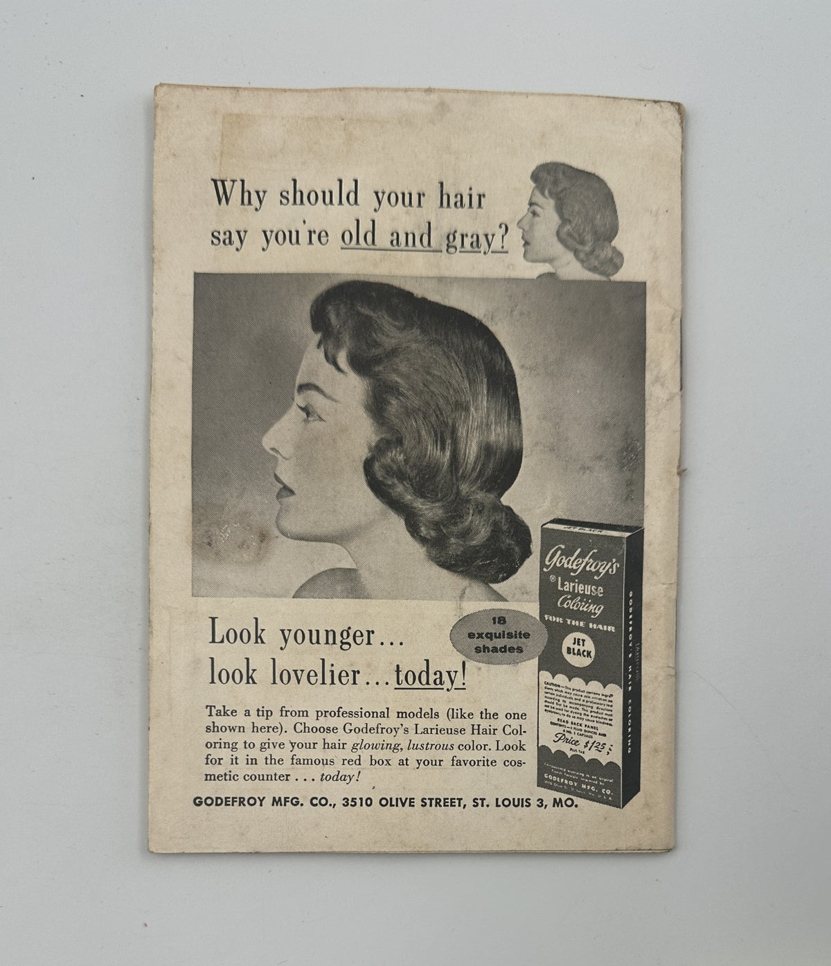 Back page advertisement in Jet Magazine May 2, 1957 for Godefroy's Lattice Hair Color, promoting beauty tips for women to look younger and more attractive.