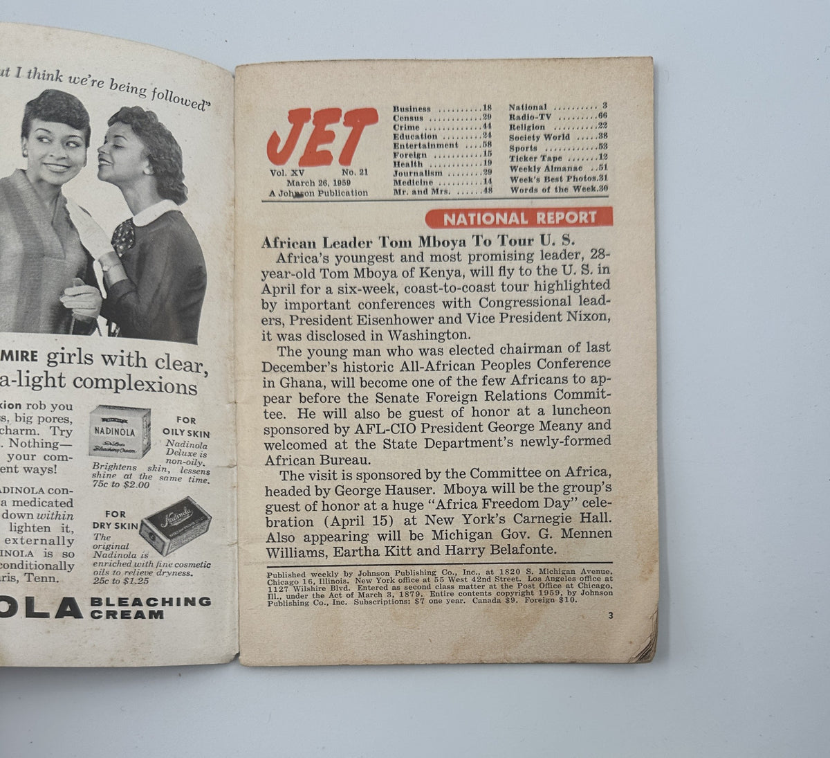 Interior page of Jet Magazine, March 26, 1959, showing a national report about Africa's youngest leader, Tom Mboya.