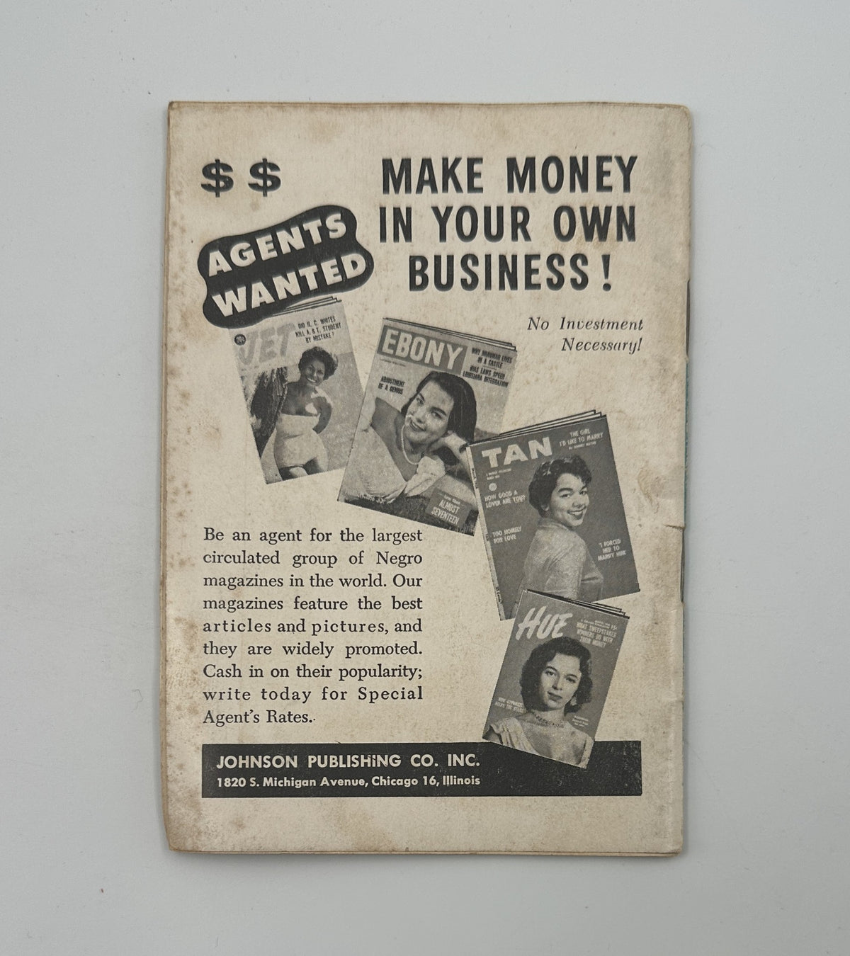 Back cover of Jet Magazine, March 26, 1959, advertising opportunities for agents in the Negro magazine publishing industry.