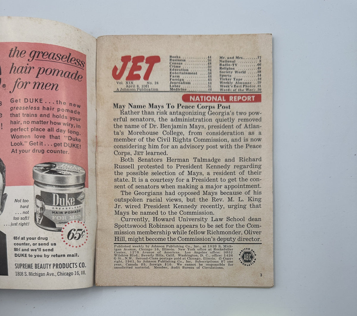 Inside page of Jet Magazine April 6, 1961, showcasing a National Report section discussing Georgia's two senators and their actions regarding Dr. Benjamin Mays. The content highlights the political landscape of the time.